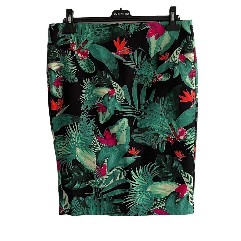 LORD & TAYLOR Pencil Skirt Black Green Red Pink Tropical Print Size 12